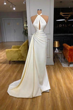 Ivory Halter Long Evening Prom Dress With Split Detachable Train by misshow.com