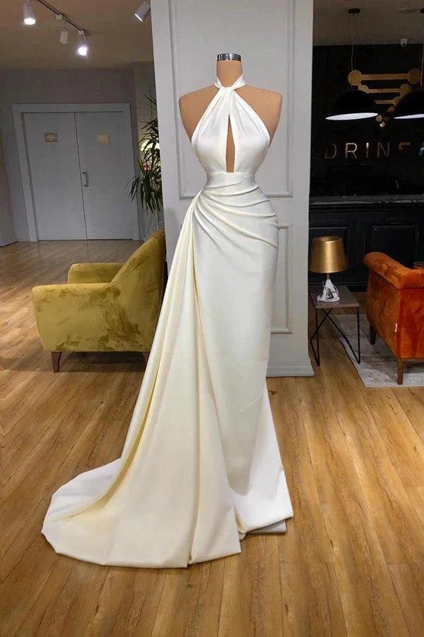 Ivory Halter Long Evening Prom Dress With Split Detachable Train by misshow.com