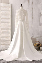 Ivory Lace and Satin V-neck Long Sleeve Beaded Wedding Dress WD144 by pgmdress