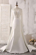 Ivory Lace and Satin V-neck Long Sleeve Beaded Wedding Dress WD144 by pgmdress