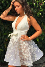 Ivory Lace Applique Halter Backless Homecoming Dresses Graduation Dress PD299 by pgmdress