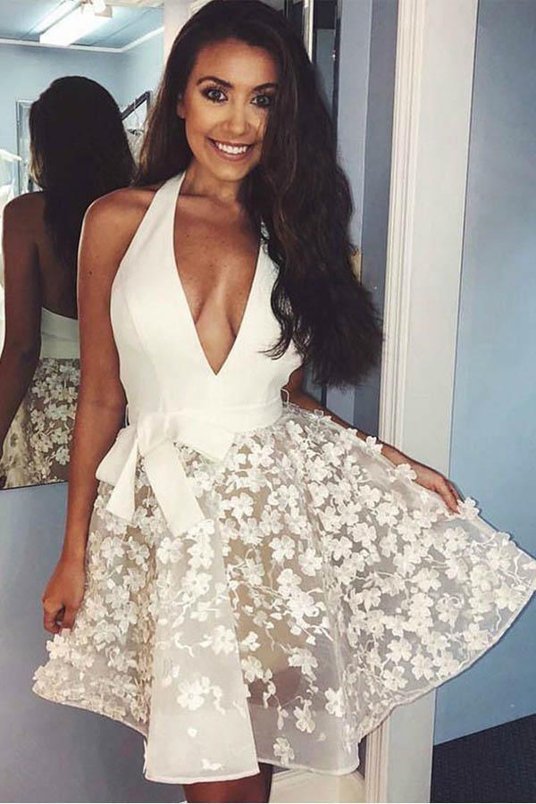 Ivory Lace Applique Halter Backless Homecoming Dresses Graduation Dress PD299 Hover Image