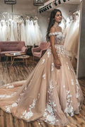 Ivory Lace Appliqued Champagne Off Shoulder Wedding Gowns Court Train WD438 by pgmdress