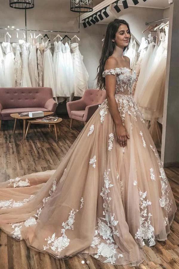 Ivory Lace Appliqued Champagne Off Shoulder Wedding Gowns Court Train WD438 by pgmdress