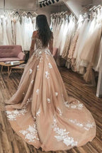 Ivory Lace Appliqued Champagne Off Shoulder Wedding Gowns Court Train WD438 by pgmdress