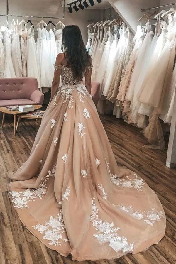 Ivory Lace Appliqued Champagne Off Shoulder Wedding Gowns Court Train WD438 by pgmdress