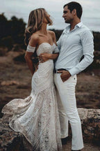 Ivory Lace Beach Wedding Dresses Sweetheart Neck Wedding Dresses WD335 by pgmdress