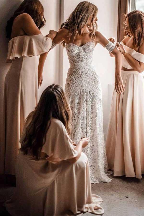 Ivory Lace Beach Wedding Dresses Sweetheart Neck Wedding Dresses WD335 by pgmdress