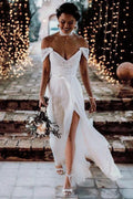 Ivory Lace Off The Shoulder Backless Chiffon Split Wedding Dresses WD511 by pgmdress
