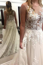 Ivory Lace Wedding Dresses See Through Applique with Court Train WD296 by pgmdress