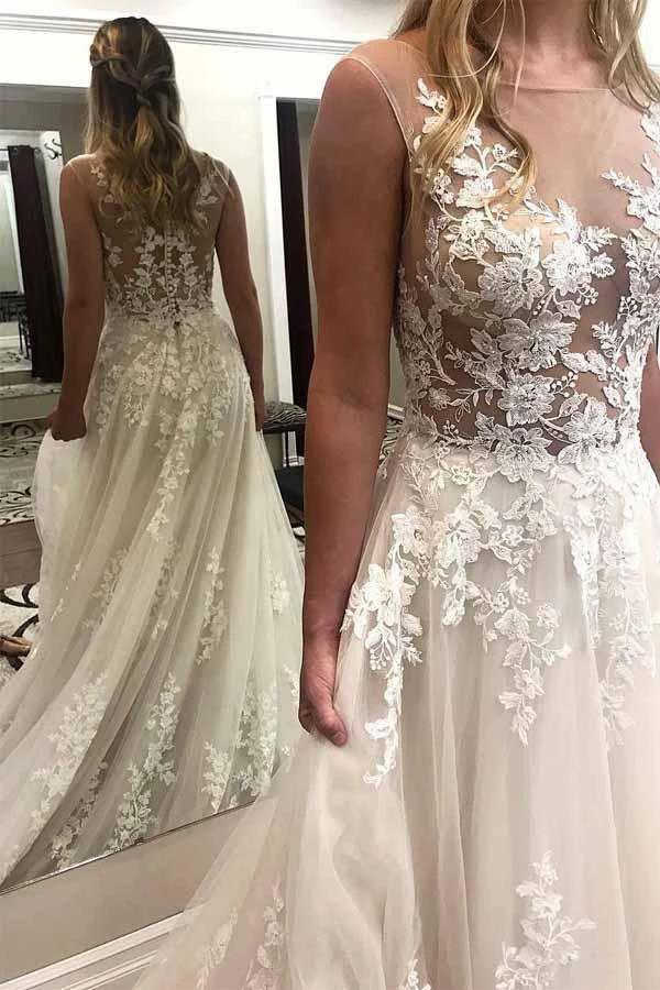 Ivory Lace Wedding Dresses See Through Applique with Court Train WD296 by pgmdress