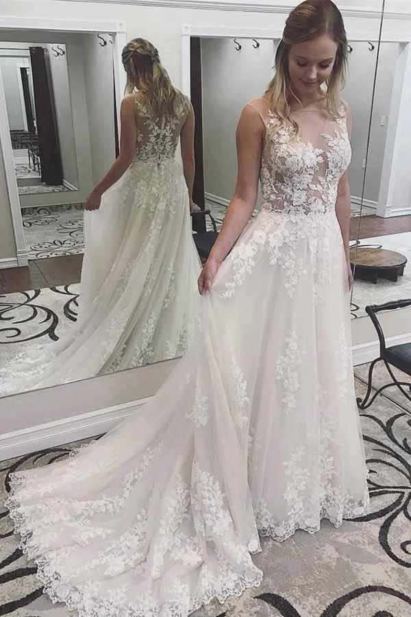 Ivory Lace Wedding Dresses See Through Applique with Court Train WD296 by pgmdress
