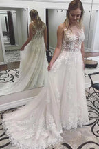 Ivory Lace Wedding Dresses See Through Applique with Court Train WD296 by pgmdress