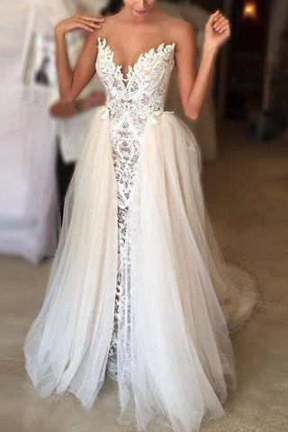 Ivory Long A-line Sweetheart Lace Tulle Wedding Dress