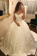 Ivory Long Ball Gown Off the Shoulder Satin Lace Appliques Wedding Dress by BIZTUNNEL