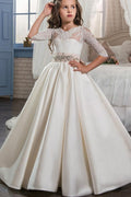 Ivory Long Ball Gown Satin Flower Girl Dresses with Sleeves - photo 1