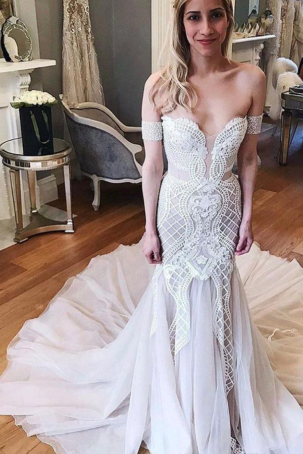 Ivory Long Mermaid Off-the-Shoulder Chapel Train Tulle Lace Wedding Dress by BIZTUNNEL