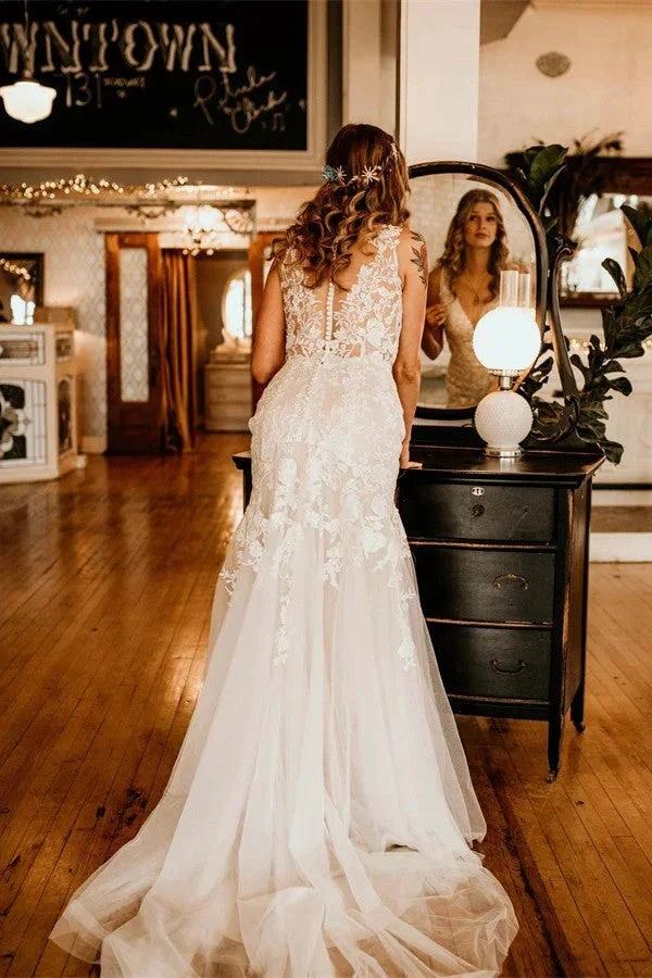Ivory Long Mermaid V-neck Straps Tulle Lace Wedding Dress with Ruffles by BIZTUNNEL