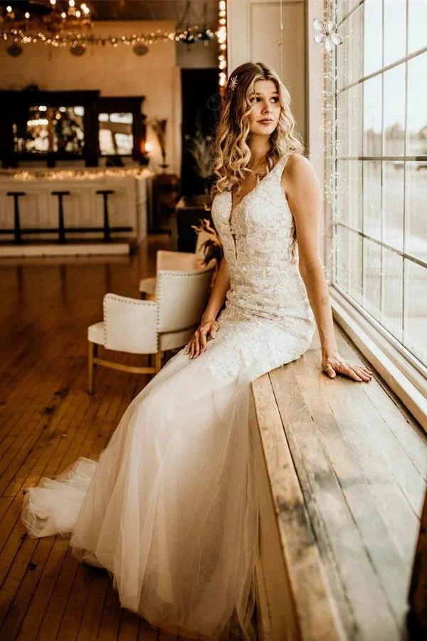 Ivory Long Mermaid V-neck Straps Tulle Lace Wedding Dress with Ruffles by BIZTUNNEL