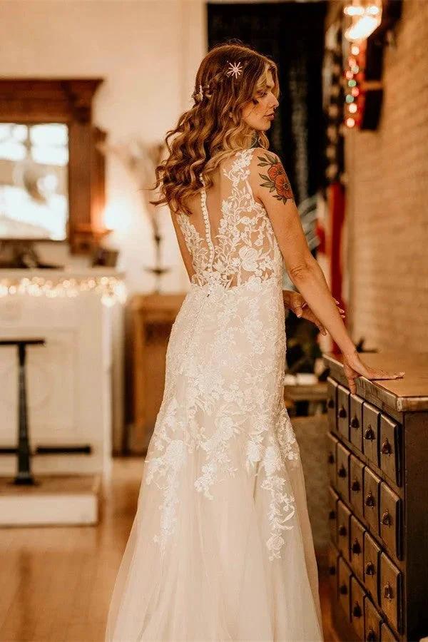 Ivory Long Mermaid V-neck Straps Tulle Lace Wedding Dress with Ruffles by BIZTUNNEL
