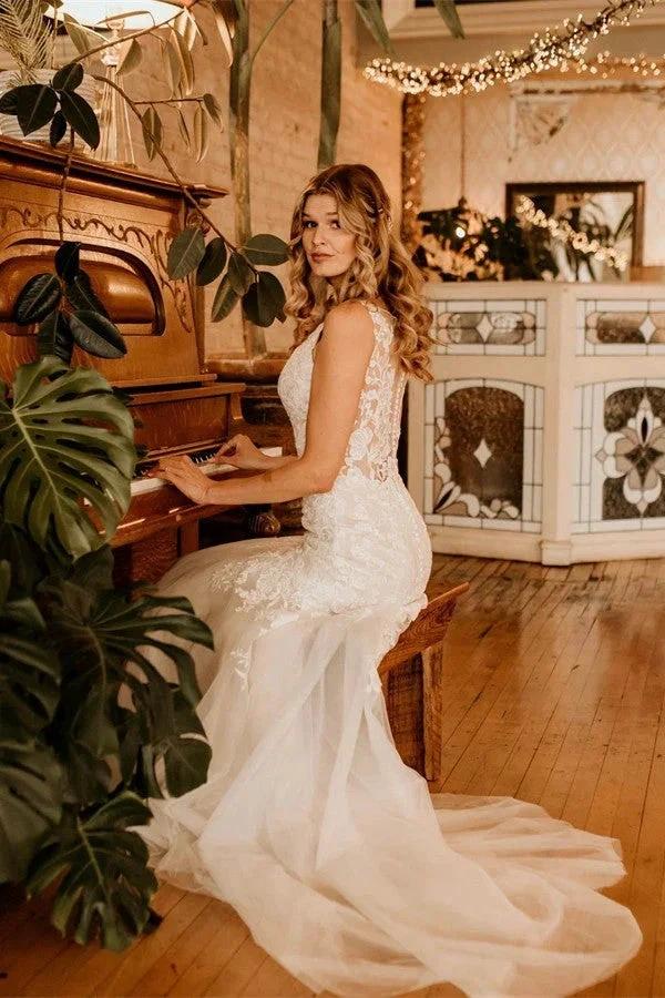 Ivory Long Mermaid V-neck Straps Tulle Lace Wedding Dress with Ruffles by BIZTUNNEL