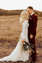 Ivory Long Sleeve Rustic Wedding Dresses Backless Sheath Beach Wedding Dress WD384 by pgmdress