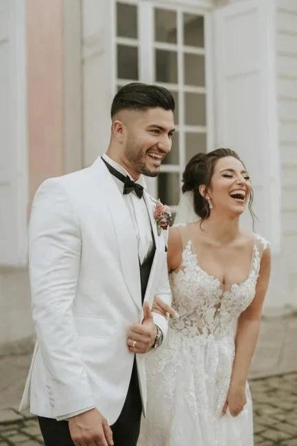 Ivory Sleeveless Straps A-Line Wedding Dress with Chapel Train by misshow.com
