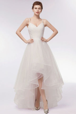 Vestidos de novia color marfil con escote en forma de corazón, corte A, corte alto-bajo, tul espagueti y volantes