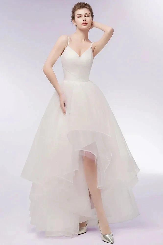 Ivory Sweetheart A-line Hi-lo Spaghetti Tulle Wedding Dresses with Ruffles by misshow.com