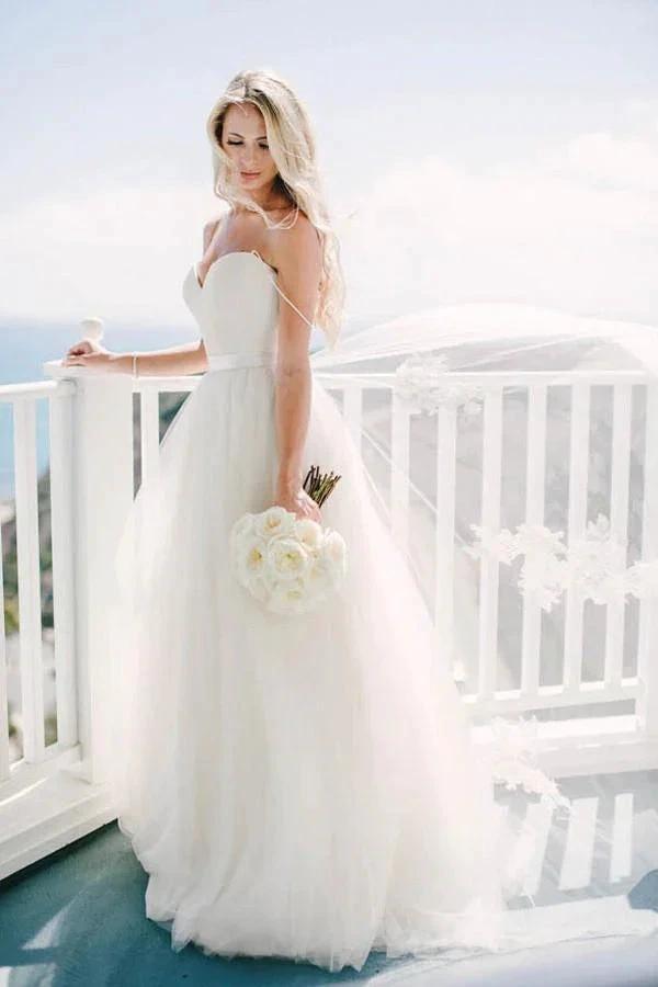 Ivory Tulle Destination Sweetheart Spaghetti Strap Wedding Dress WD082 by pgmdress