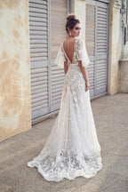 Ivory V Neck Beach Wedding Dresses with Lace Appliques WD546 by pgmdress