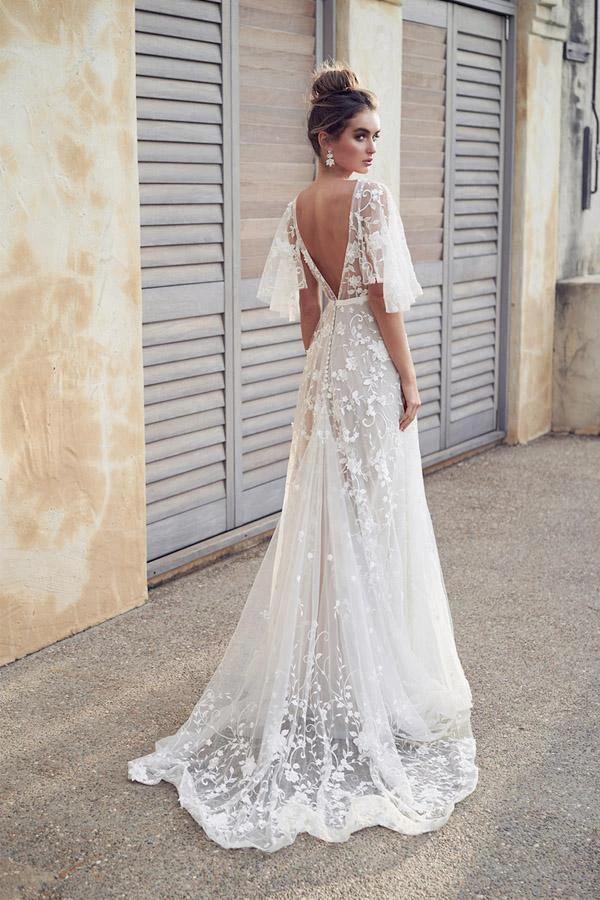 Ivory V Neck Beach Wedding Dresses with Lace Appliques WD546 by pgmdress