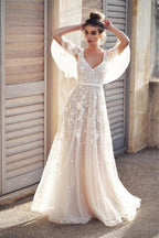 Ivory V Neck Beach Wedding Dresses with Lace Appliques WD546 by pgmdress