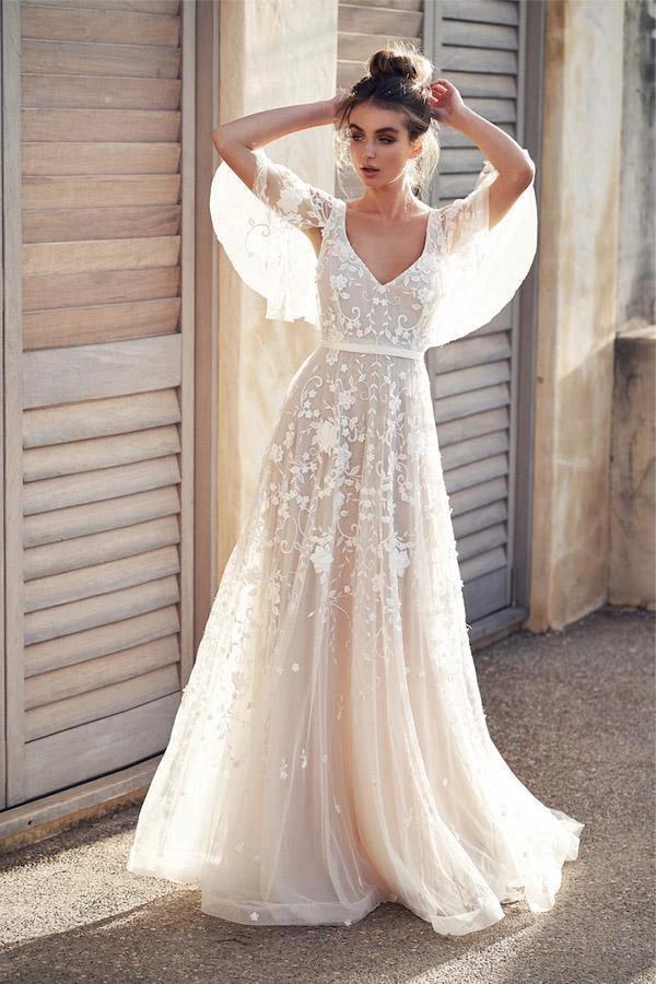 Ivory V Neck Beach Wedding Dresses with Lace Appliques WD546 by pgmdress