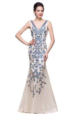 Vestidos formales de sirena con escote en V y apliques hasta el suelo en color marfil