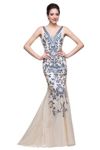 Vestidos formales de sirena con escote en V y apliques hasta el suelo en color marfil