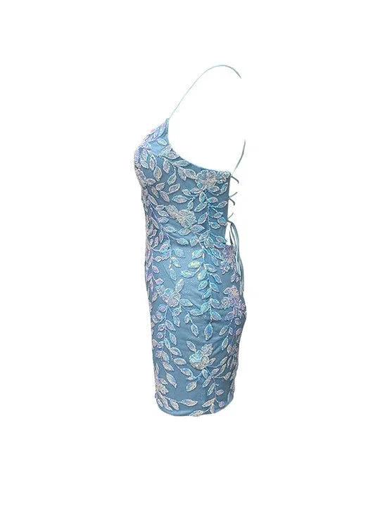 Bodycon V Neck Blue Lace Homecoming Dresses by Cicinia