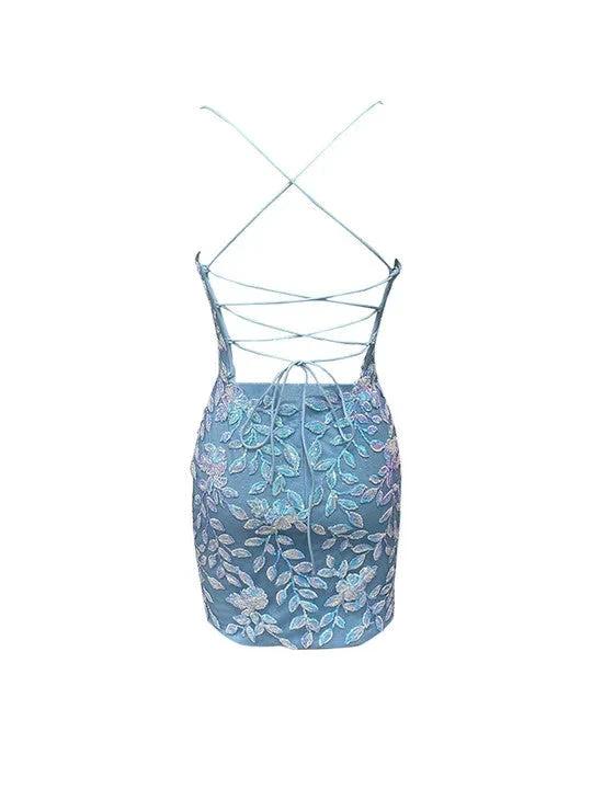 Bodycon V Neck Blue Lace Homecoming Dresses by Cicinia