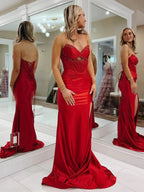 Izzy | Mermaid Strapless Keyhole Red Satin Long Prom Dresses with Slit by KissProm