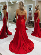 Izzy | Mermaid Strapless Keyhole Red Satin Long Prom Dresses with Slit by KissProm