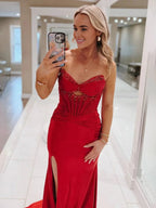 Izzy | Mermaid Strapless Keyhole Red Satin Long Prom Dresses with Slit by KissProm