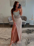 Jacqueline | Mermaid Champagne Strapless Sequins Long Prom Dresses with Slit by KissProm