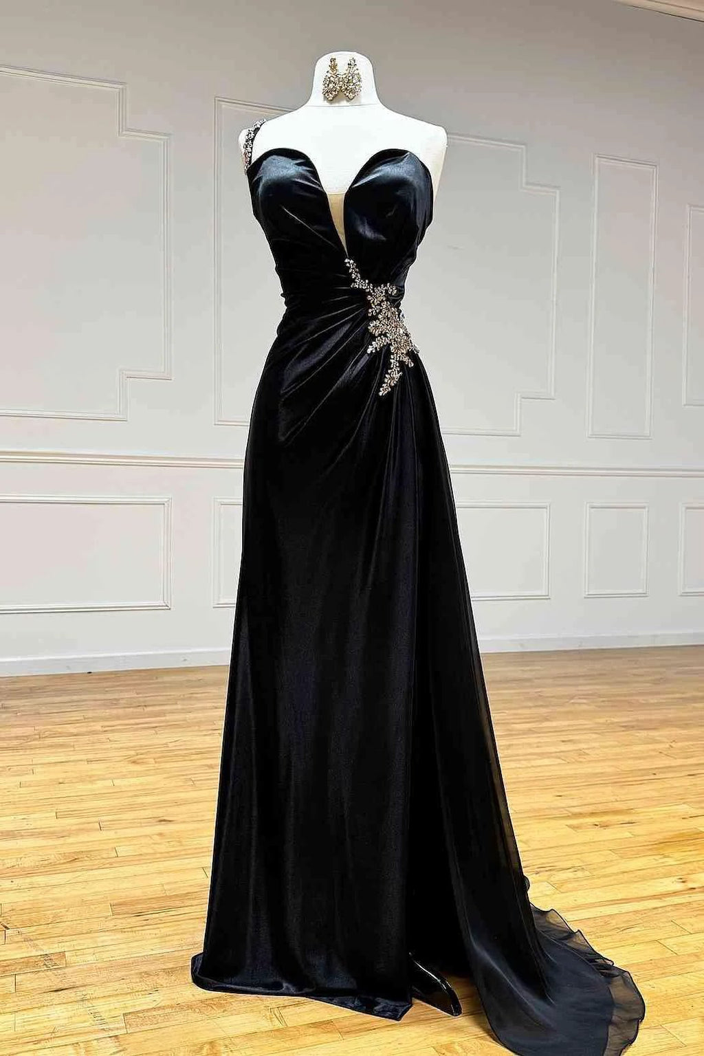 Jaiden | Black Rhinestone One Shoulder A Line Prom Dress with Slit by KissProm
