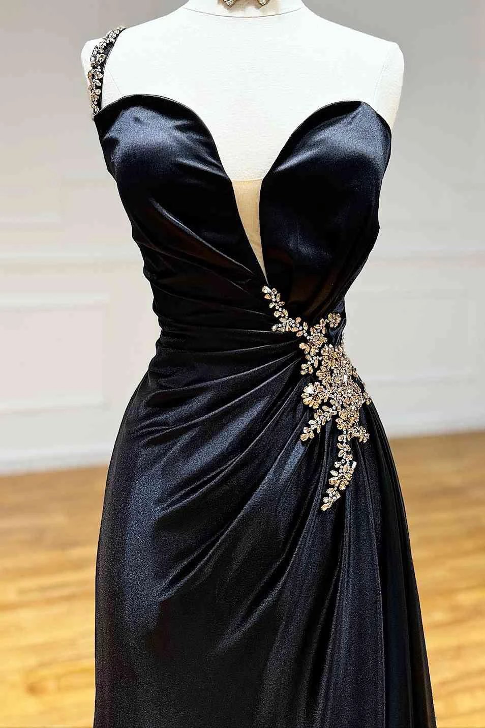 Jaiden | Black Rhinestone One Shoulder A Line Prom Dress with Slit by KissProm