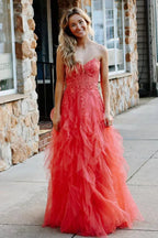 Jaize | Gentle Tulle Coral Strapless Layered Prom Dress with Applique by KissProm