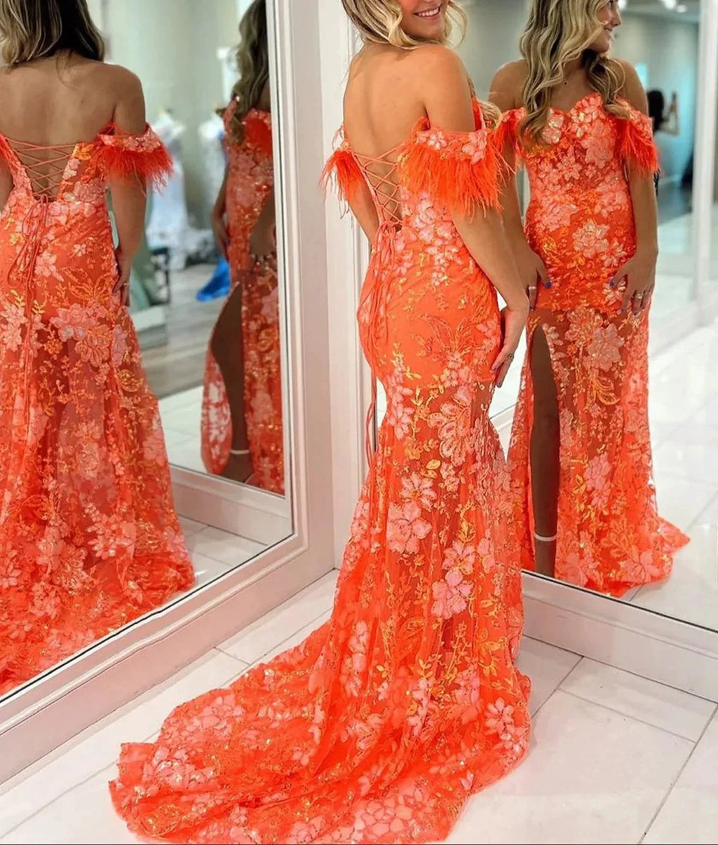 Jalea | Orange Sweetheart Mermaid Lace Long Prom Dresses With Split by KissProm