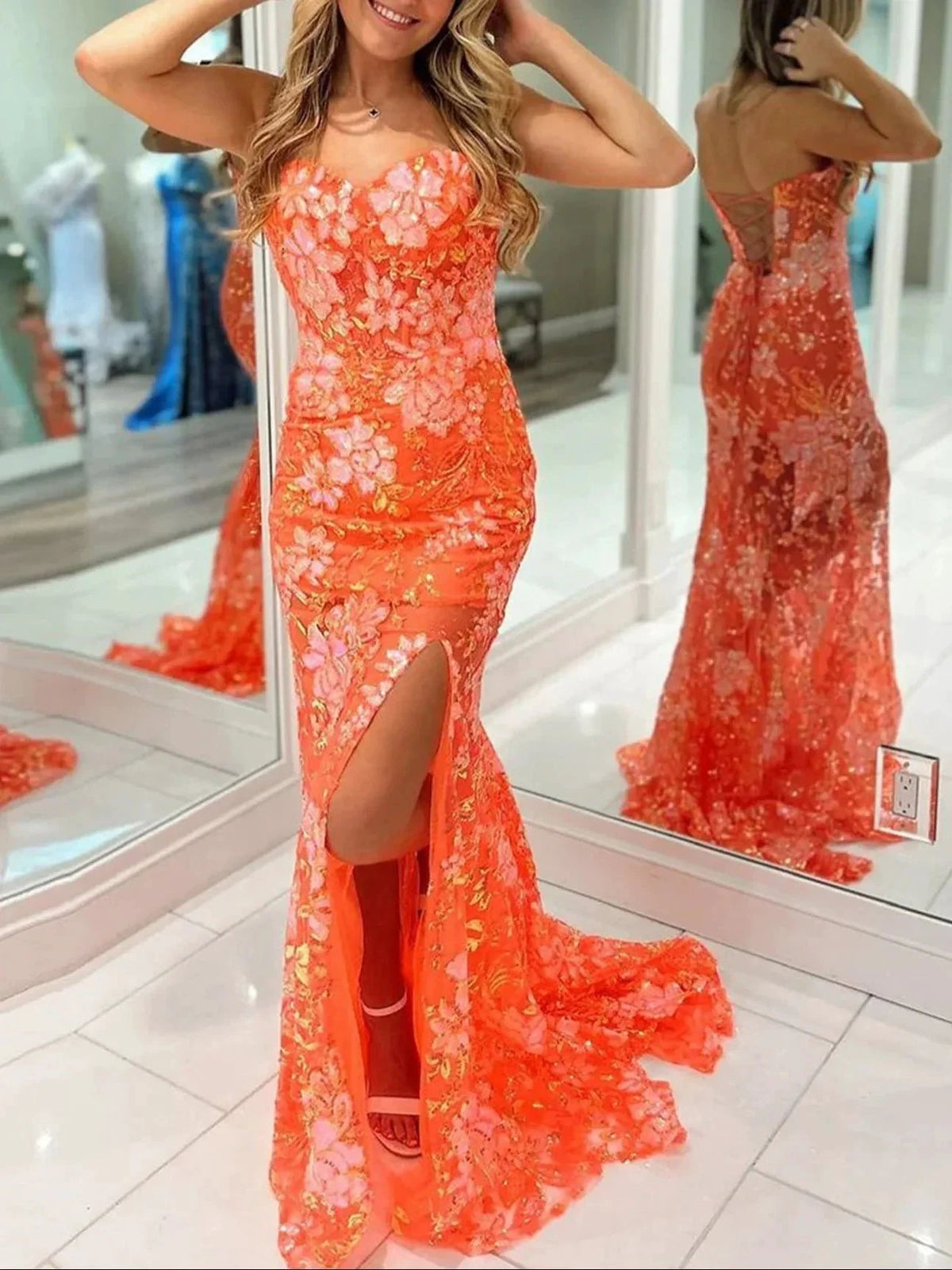 Jalea | Orange Sweetheart Mermaid Lace Long Prom Dresses With Split by KissProm