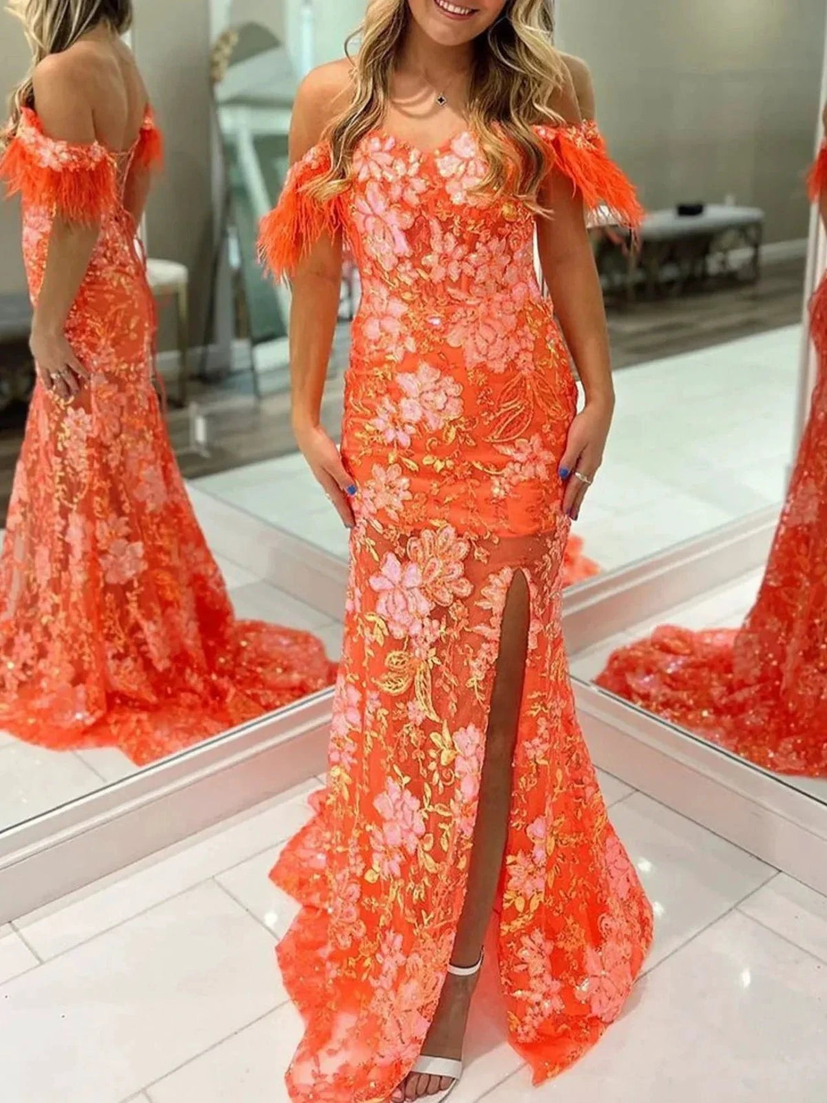 Jalea | Orange Sweetheart Mermaid Lace Long Prom Dresses With Split by KissProm