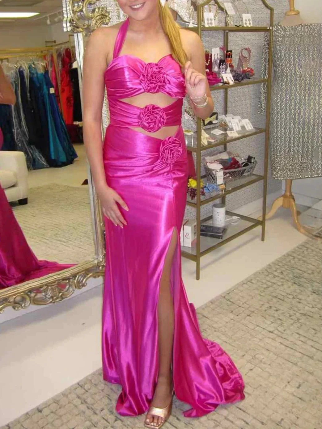 Jana | Floral Applique Halter Fuchsia Mermaid Prom Dress with Cut-out by KissProm