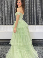 Jara | Light Blue Off the Shoulder Tulle Prom Dress With Appliques by KissProm